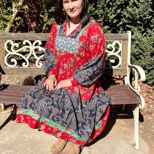 Vintage Handmade 70s style floral patchwork long ballon sleeve dress w/pockets